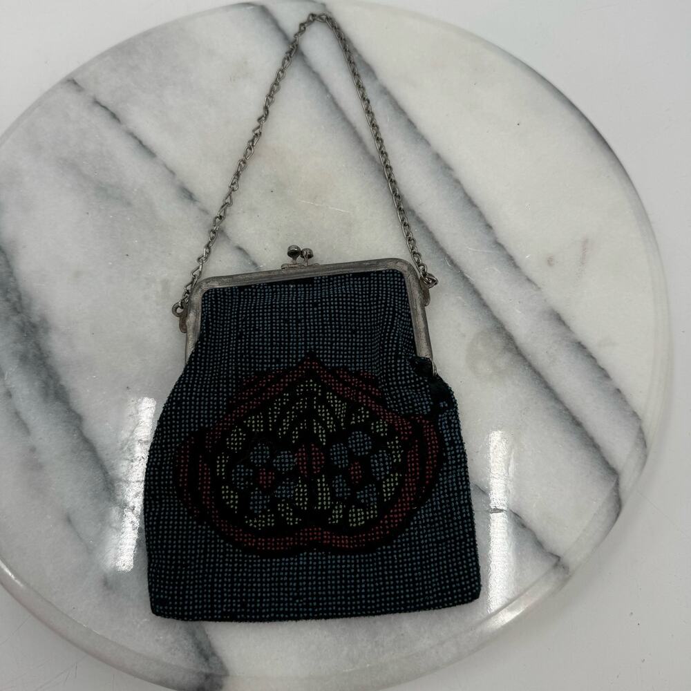 Antique 1920s painted Stained Glass style blue clutch Handbag